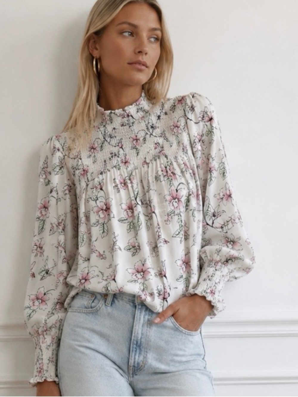 CURE Smocked Long Sleeve Floral Top with High Collar. New with Tag.